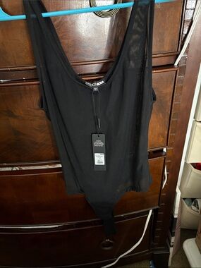 Fashion Nova Black Power Mesh Deep U Neck Sleeveless Bodysuit